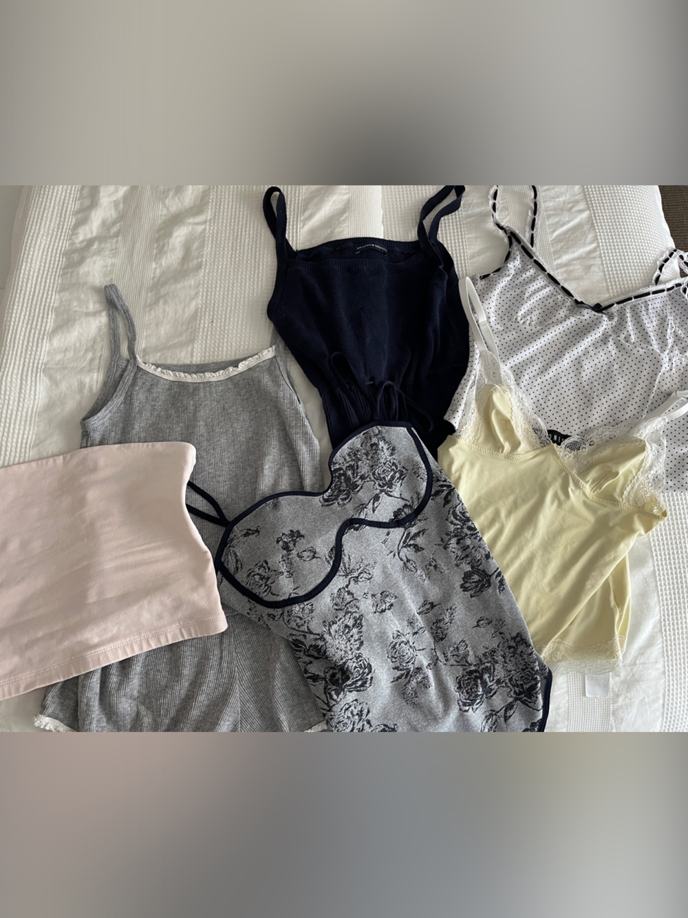 Mixed Lace Trim Camisole Set - Gray, Navy, Pink, Yellow, White - Picture 1 of 13